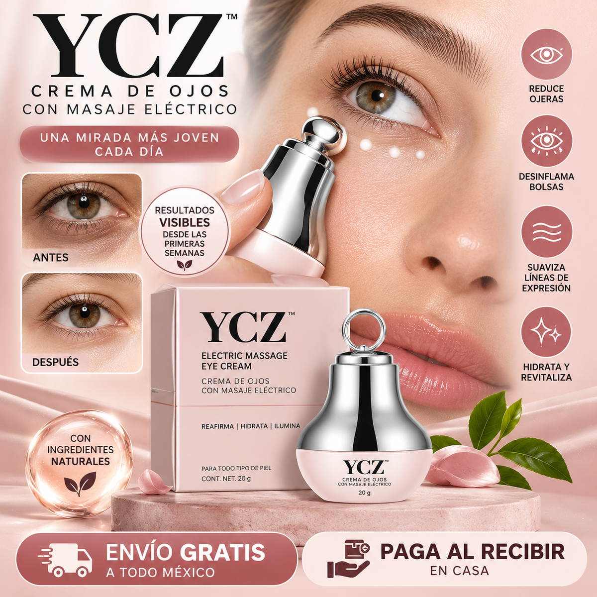 Crema de Ojos YCZ™ | con Masaje Eléctrico | Reduce Ojeras y Desinflama tu Mirada